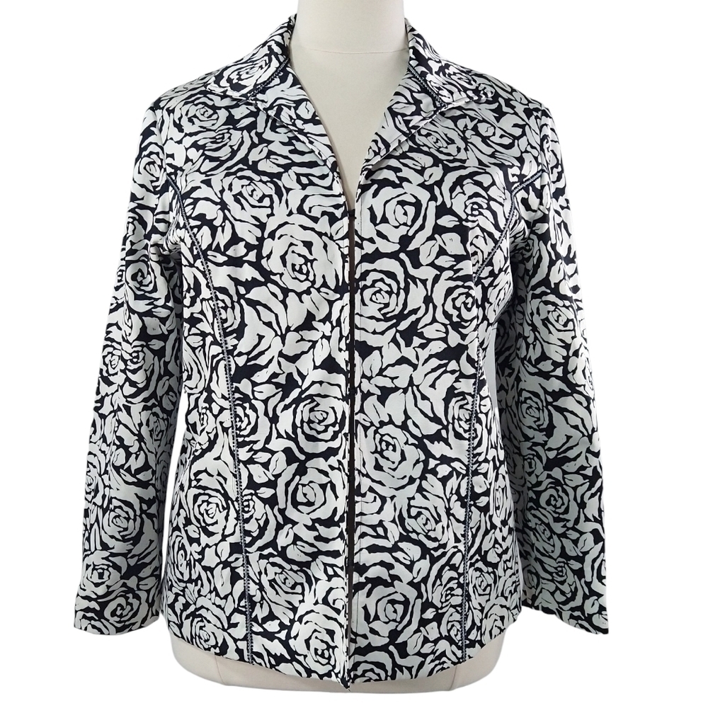 Chico's White Black Rose Floral Blazer Pockets Romantic Evening Wedding Guest
